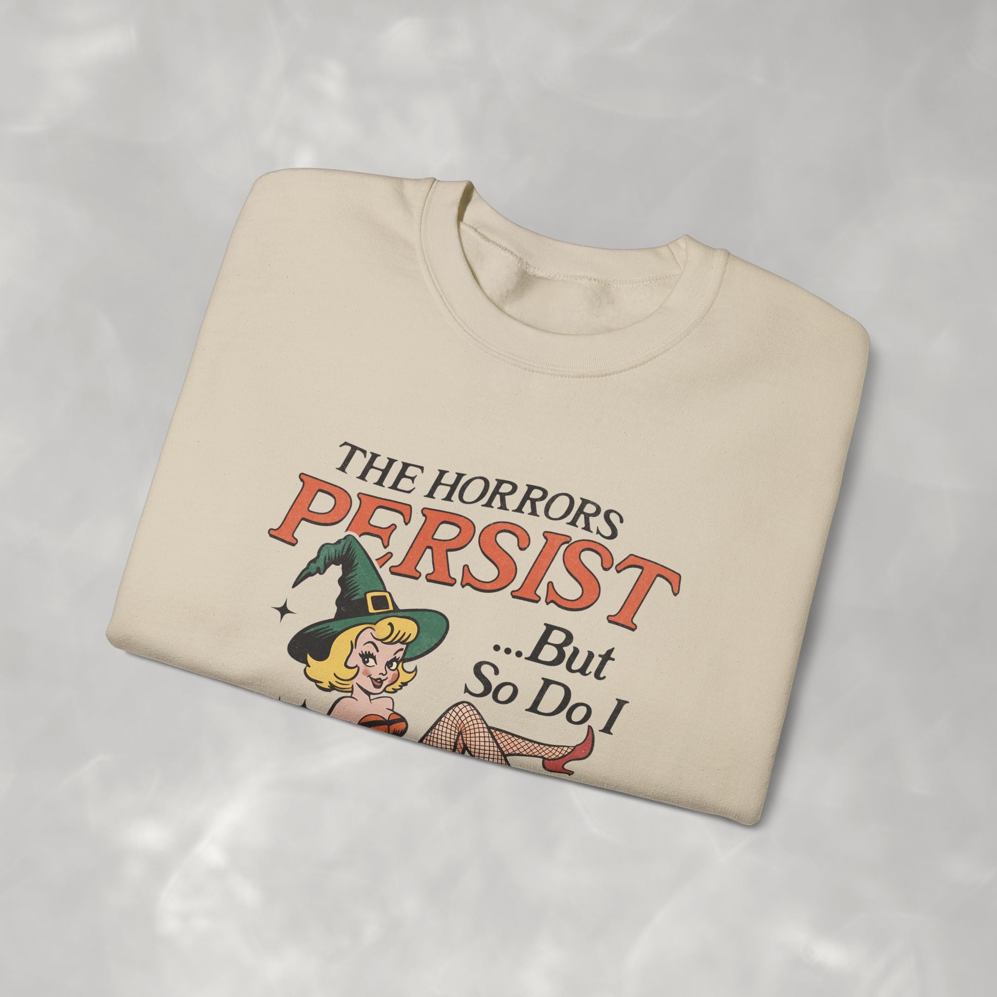 The Horrors Persist but So Do I, Funny Vintage Retro Halloween, Gildan Unisex Heavy Blend™ Crewneck Sweatshirt