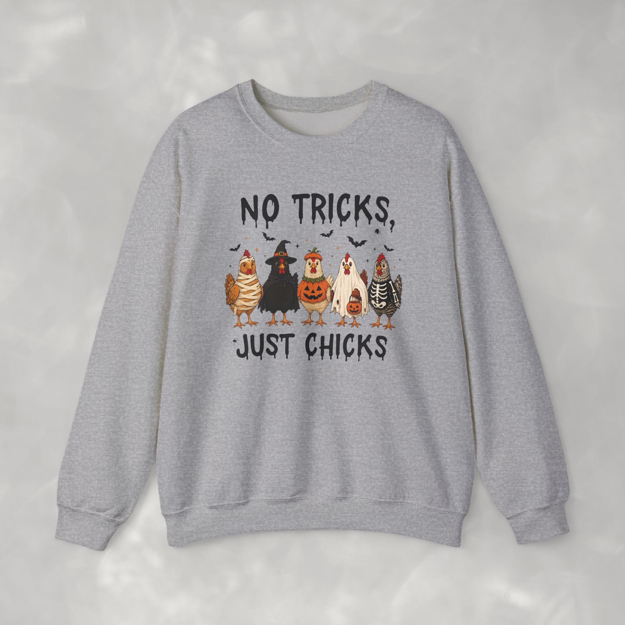 No Tricks Just Chicks, Funny Halloween Chickens in Costumes, Gildan Unisex Heavy Blend™ Crewneck Sweatshirt