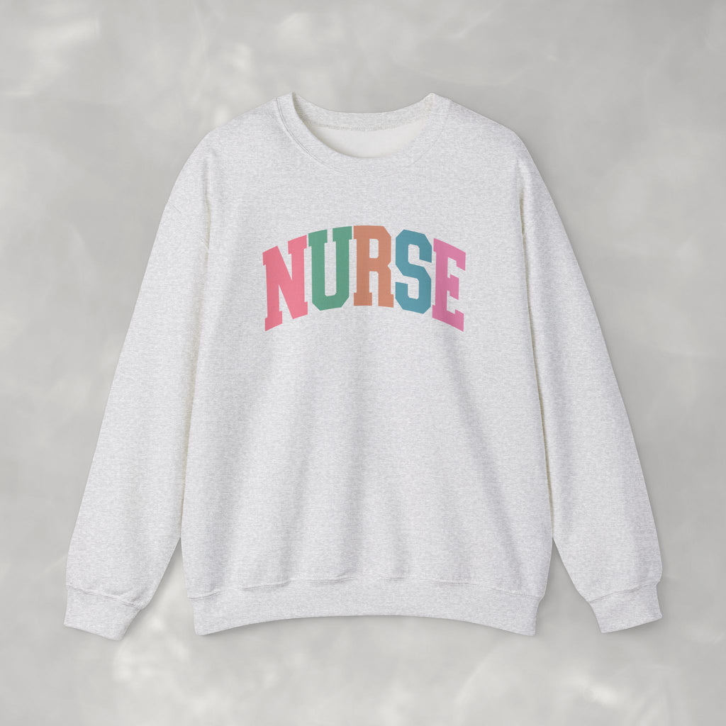Colorful Fun Whimsical Varsity Nurse Gildan Unisex Heavy Blend™ Crewneck Sweatshirt for RN, LPN, GN, Student Nurse