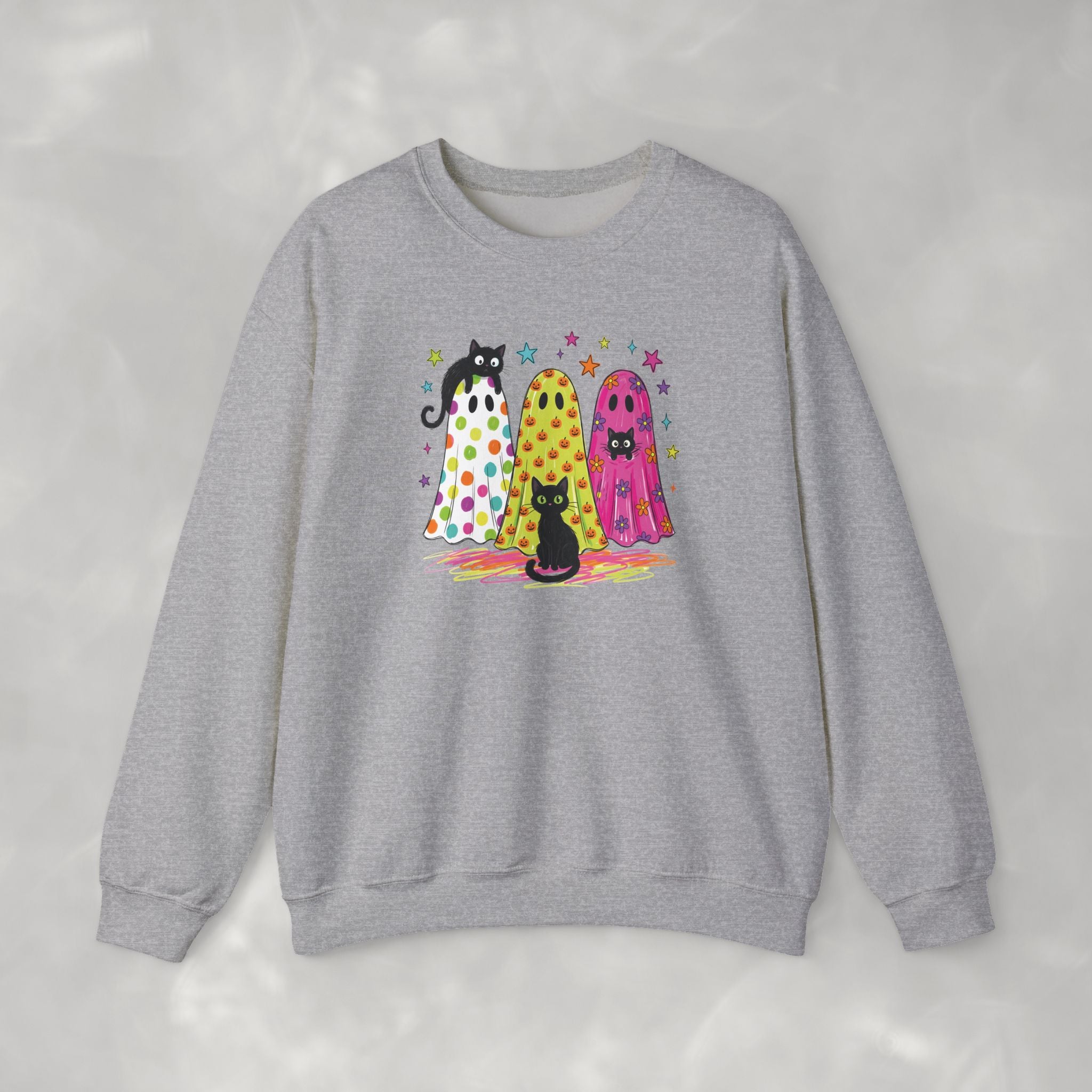Preppy, Girly, Cute Halloween Ghosts with Cats, Gildan Unisex Heavy Blend™ Crewneck Sweatshirt