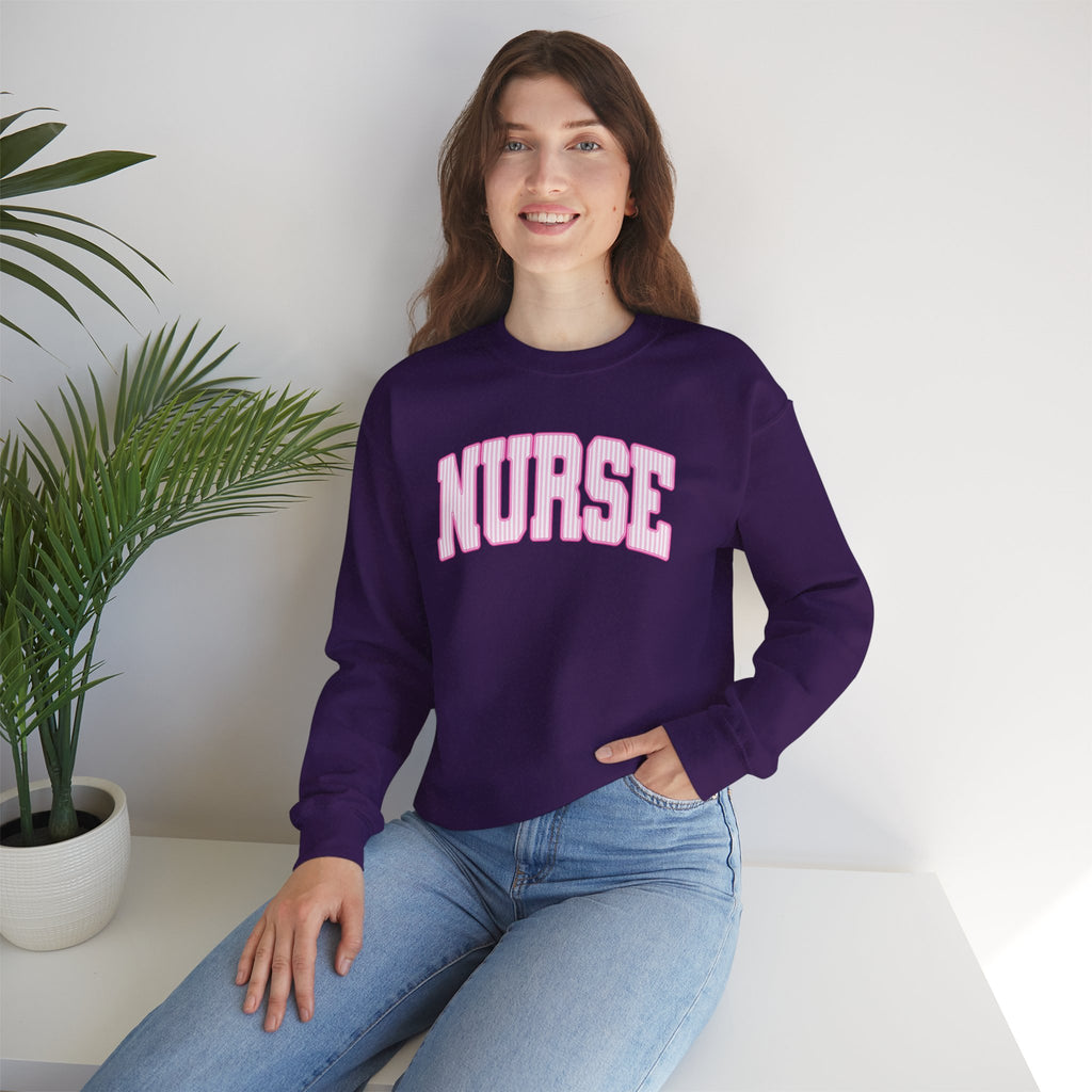 Pink Striped Varsity Nurse Gildan Unisex Heavy Blend™ Crewneck Sweatshirt for RN, LPN, GN, Student Nurse