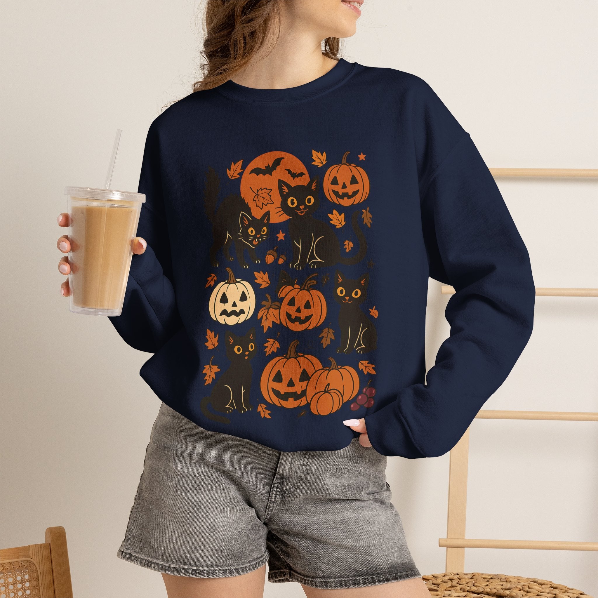 Spooky Black Cats and Jack-O-Lanterns, Gildan Unisex Heavy Blend™ Crewneck Sweatshirt