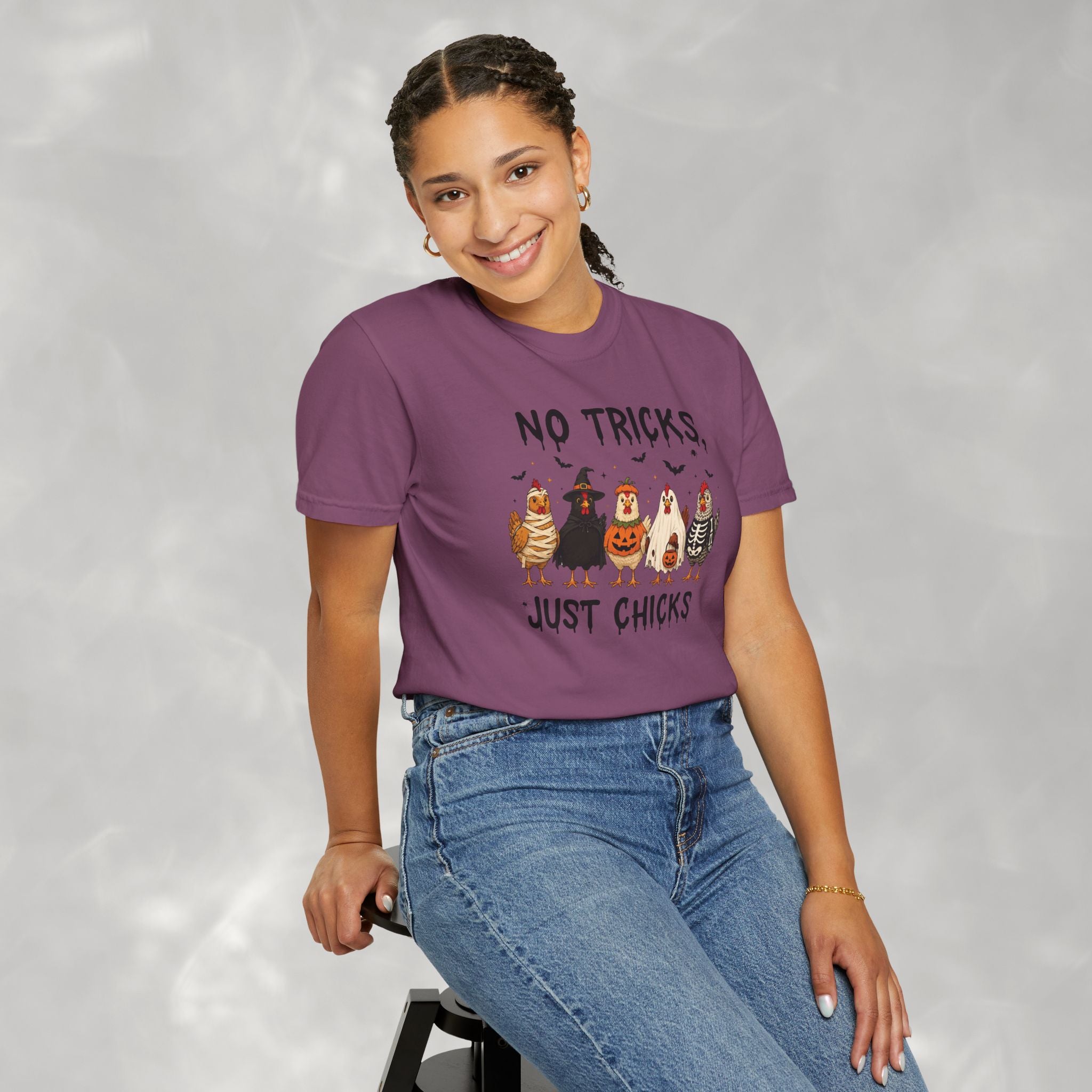 No Tricks Just Chicks, Funny Halloween Chickens in Costumes, Comfort Colors Tee