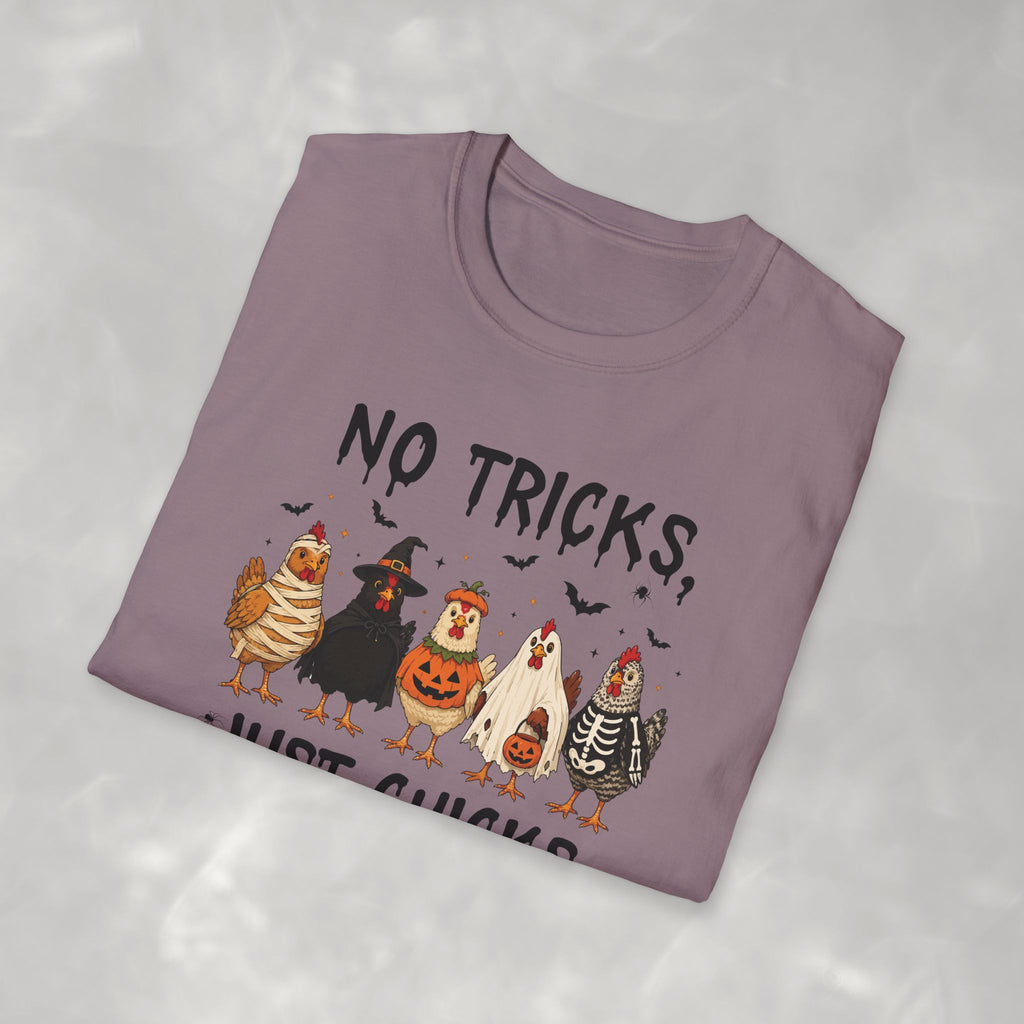 No Tricks Just Chicks, Funny Halloween Chickens in Costumes, Gildan Unisex Softstyle T-Shirt
