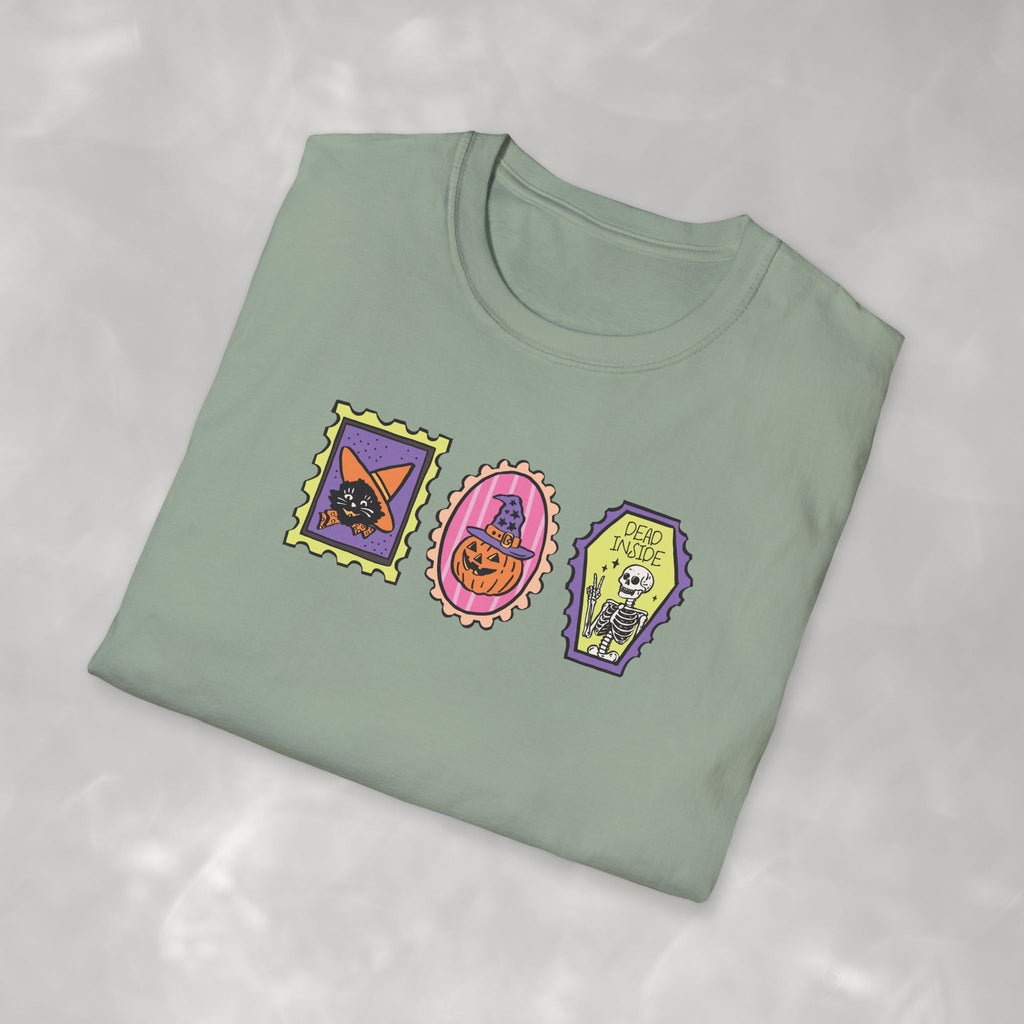 Cute Halloween Spooky Stamps with Cat, Jack-O-Lanter, Skeleton, Gildan Unisex Softstyle T-Shirt