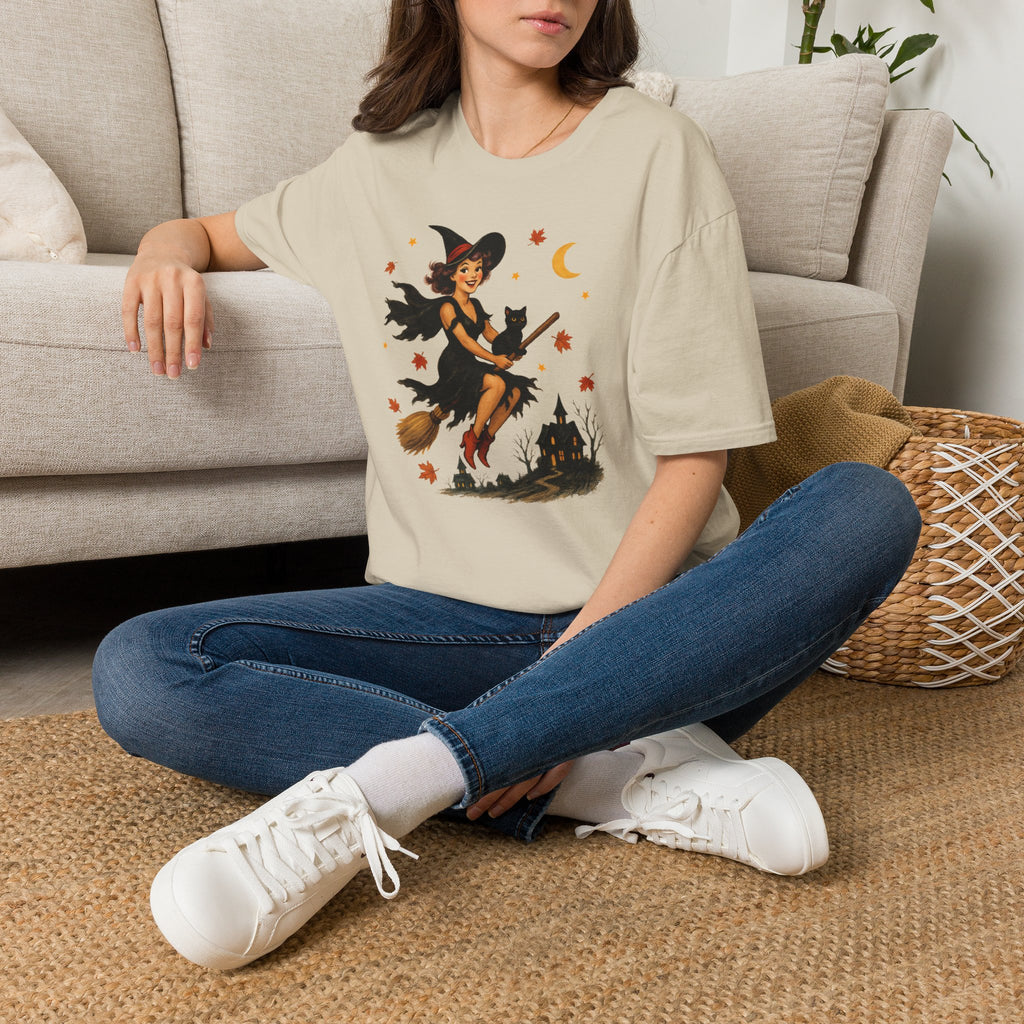 Vintage Witch Riding on Broomstick with Black Cat, Retro Halloween, Gildan Unisex Softstyle T-Shirt