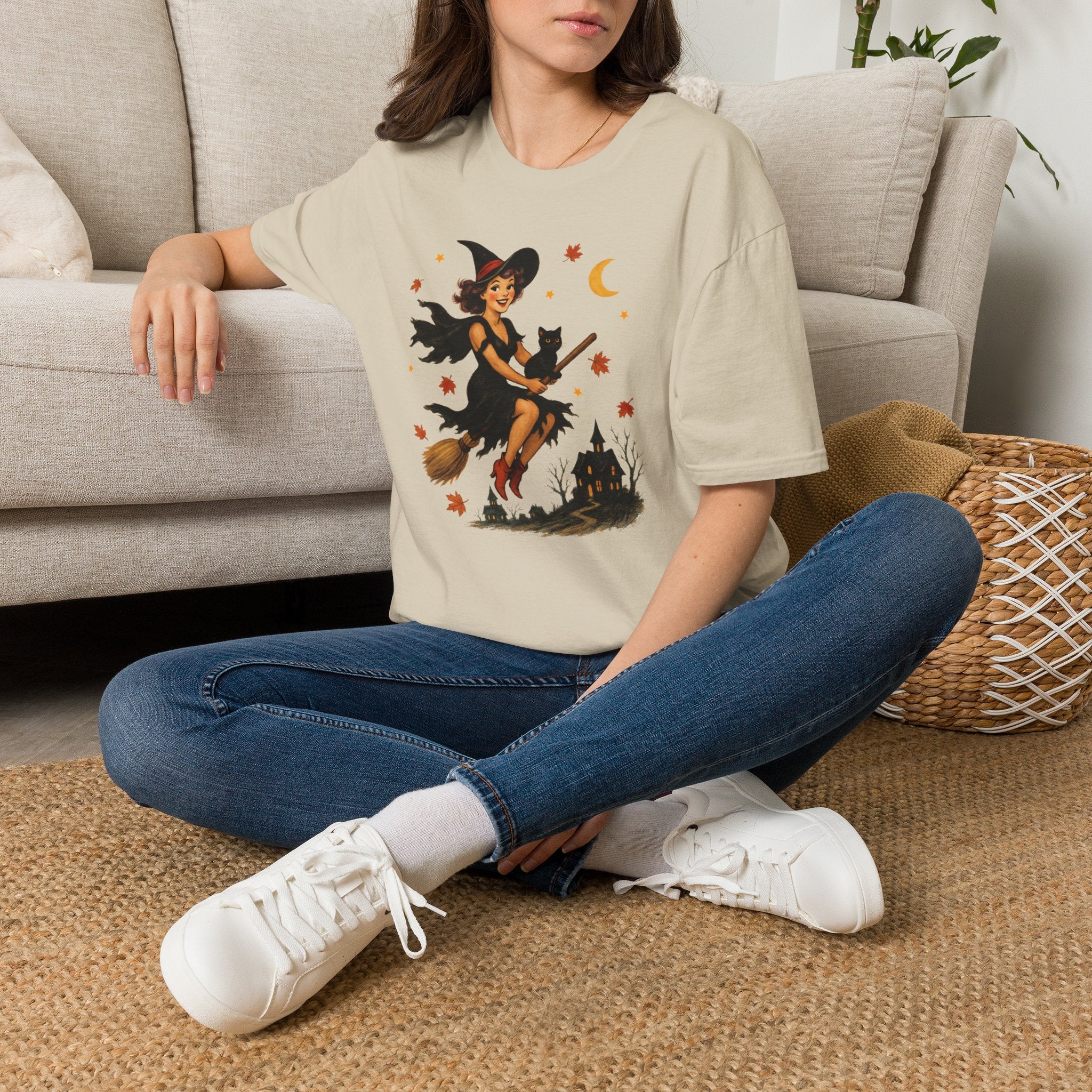 Vintage Witch Riding on Broomstick with Black Cat, Retro Halloween, Gildan Unisex Softstyle T-Shirt