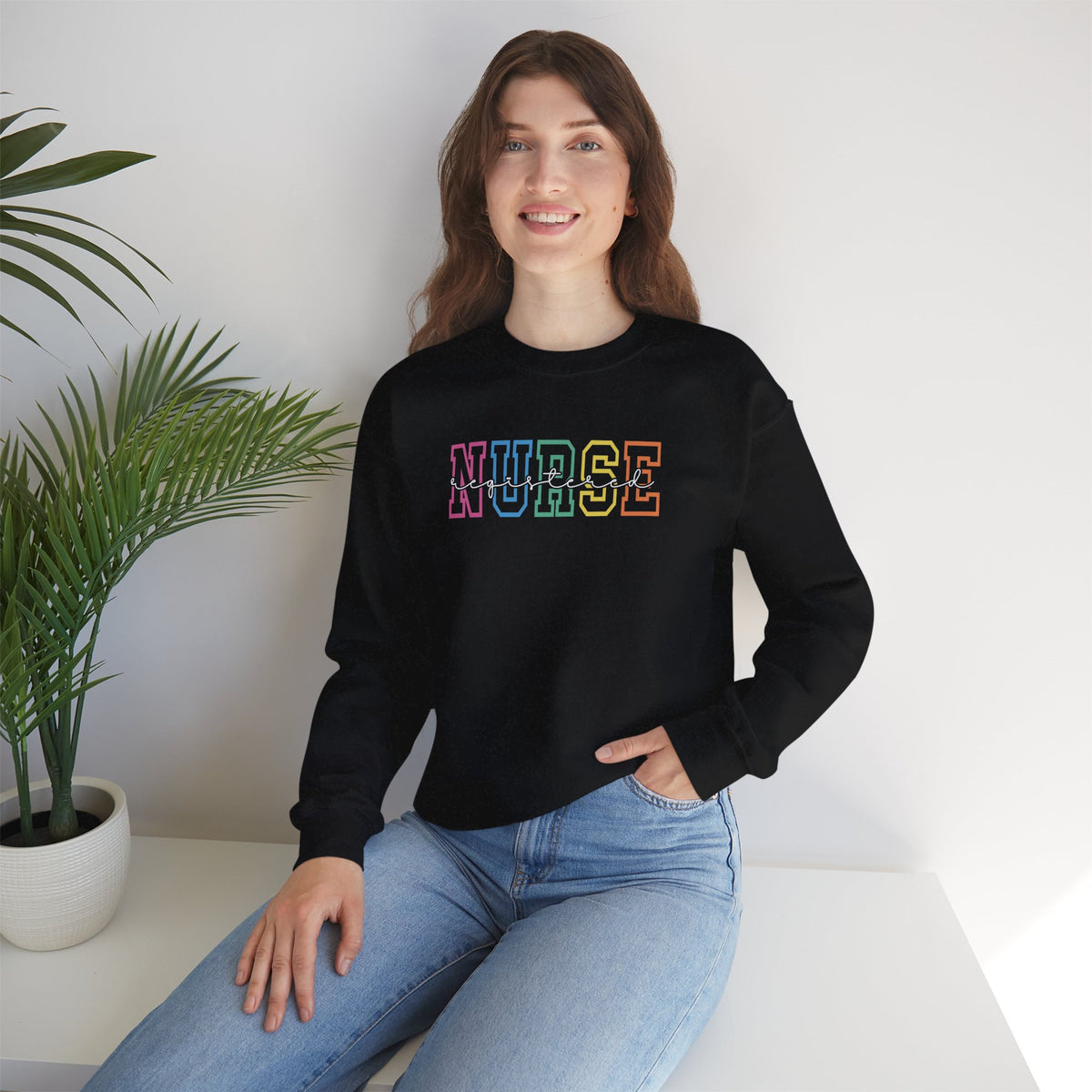 Colorful Rainbow Whimsical Varsity Registered Nurse Gildan Unisex Heavy Blend™ Crewneck Sweatshirt