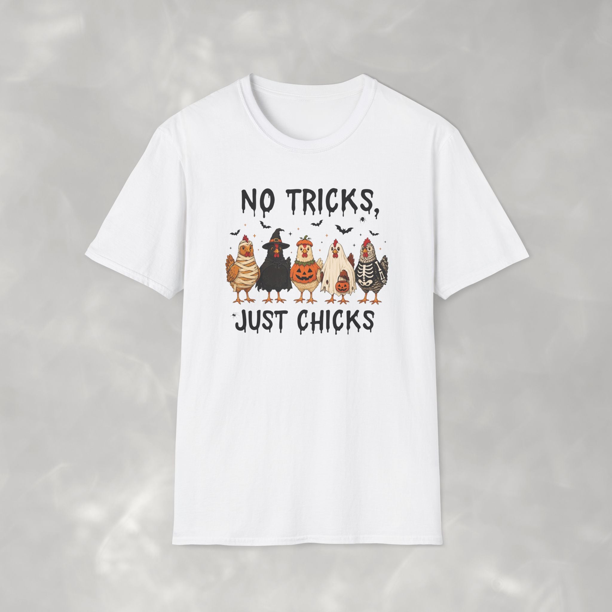No Tricks Just Chicks, Funny Halloween Chickens in Costumes, Gildan Unisex Softstyle T-Shirt