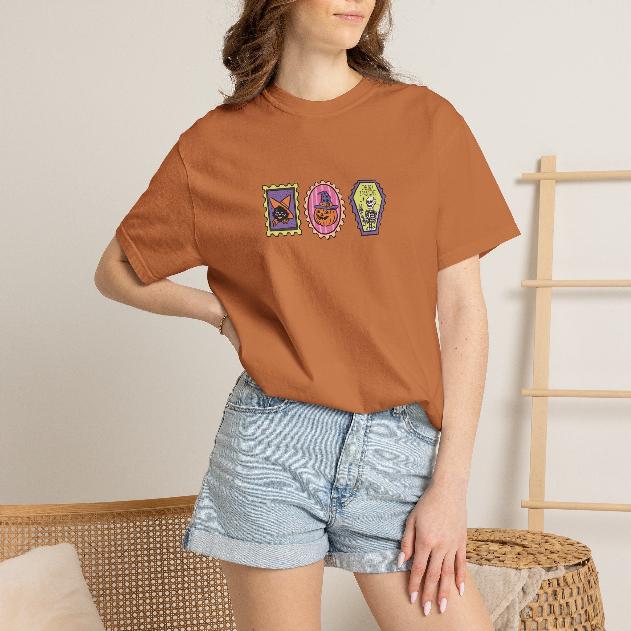 Cute Halloween Spooky Stamps with Cat, Jack-O-Lanter, Skeleton, Comfort Colors Tee