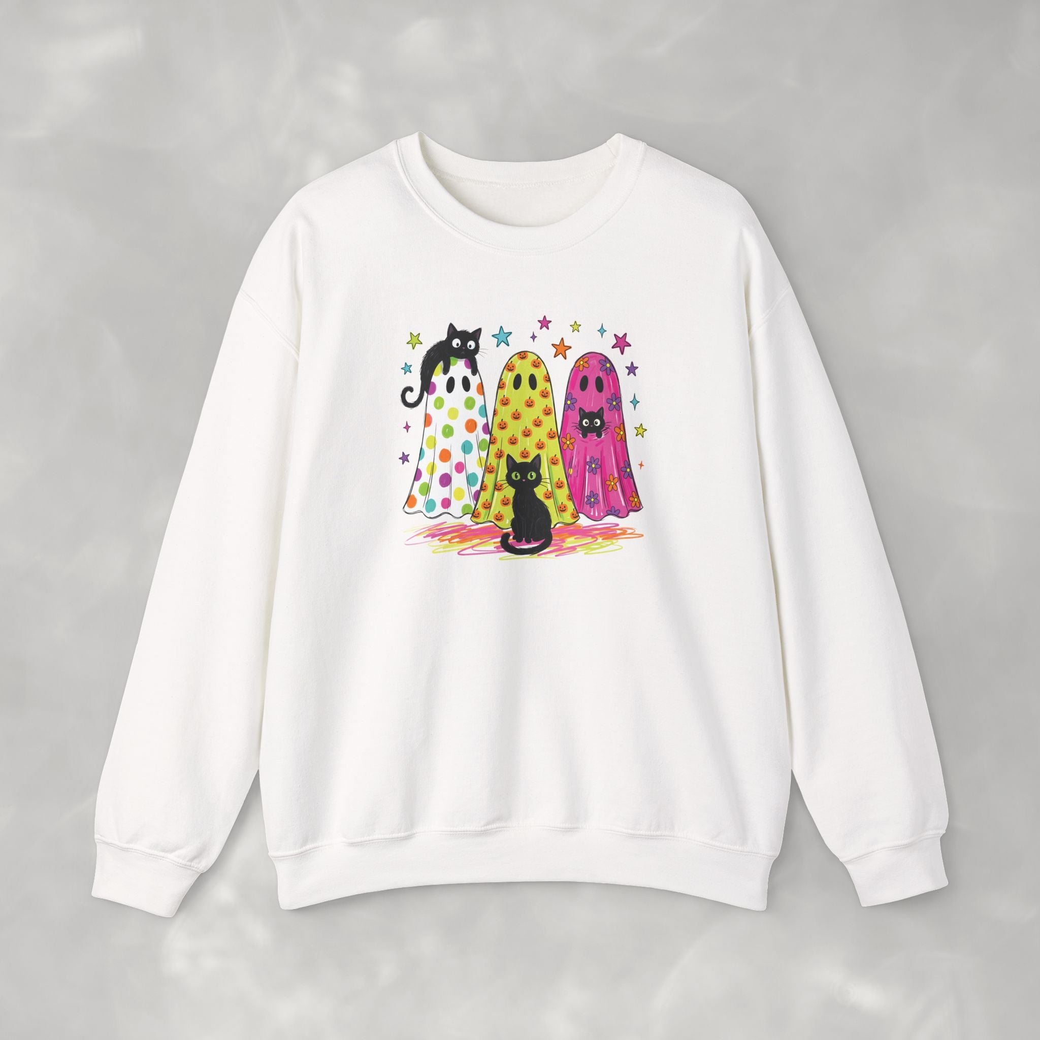 Preppy, Girly, Cute Halloween Ghosts with Cats, Gildan Unisex Heavy Blend™ Crewneck Sweatshirt