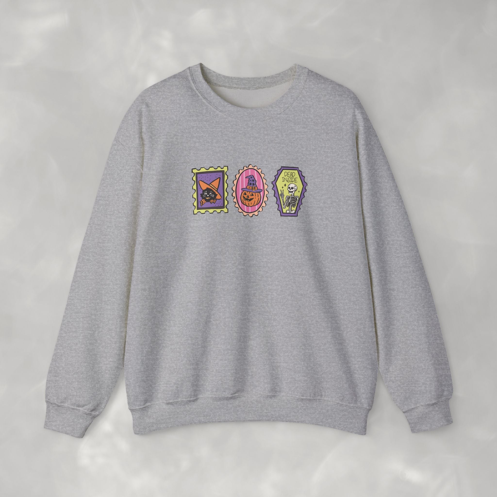 Cute Halloween Spooky Stamps with Cat, Jack-O-Lanter, Skeleton, Gildan Unisex Heavy Blend™ Crewneck Sweatshirt