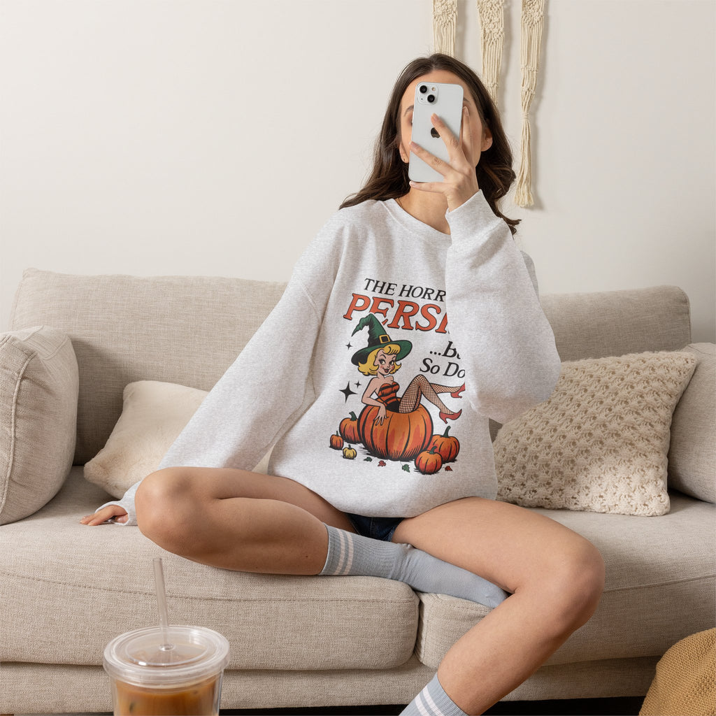 The Horrors Persist but So Do I, Funny Vintage Retro Halloween, Gildan Unisex Heavy Blend™ Crewneck Sweatshirt
