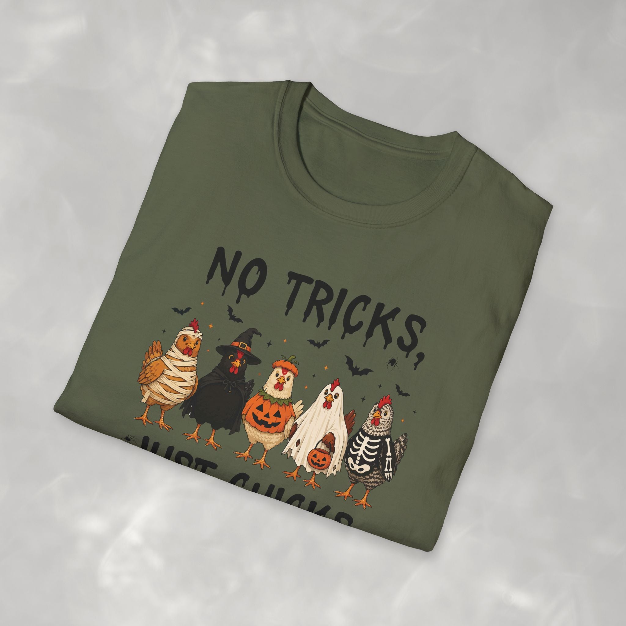 No Tricks Just Chicks, Funny Halloween Chickens in Costumes, Gildan Unisex Softstyle T-Shirt