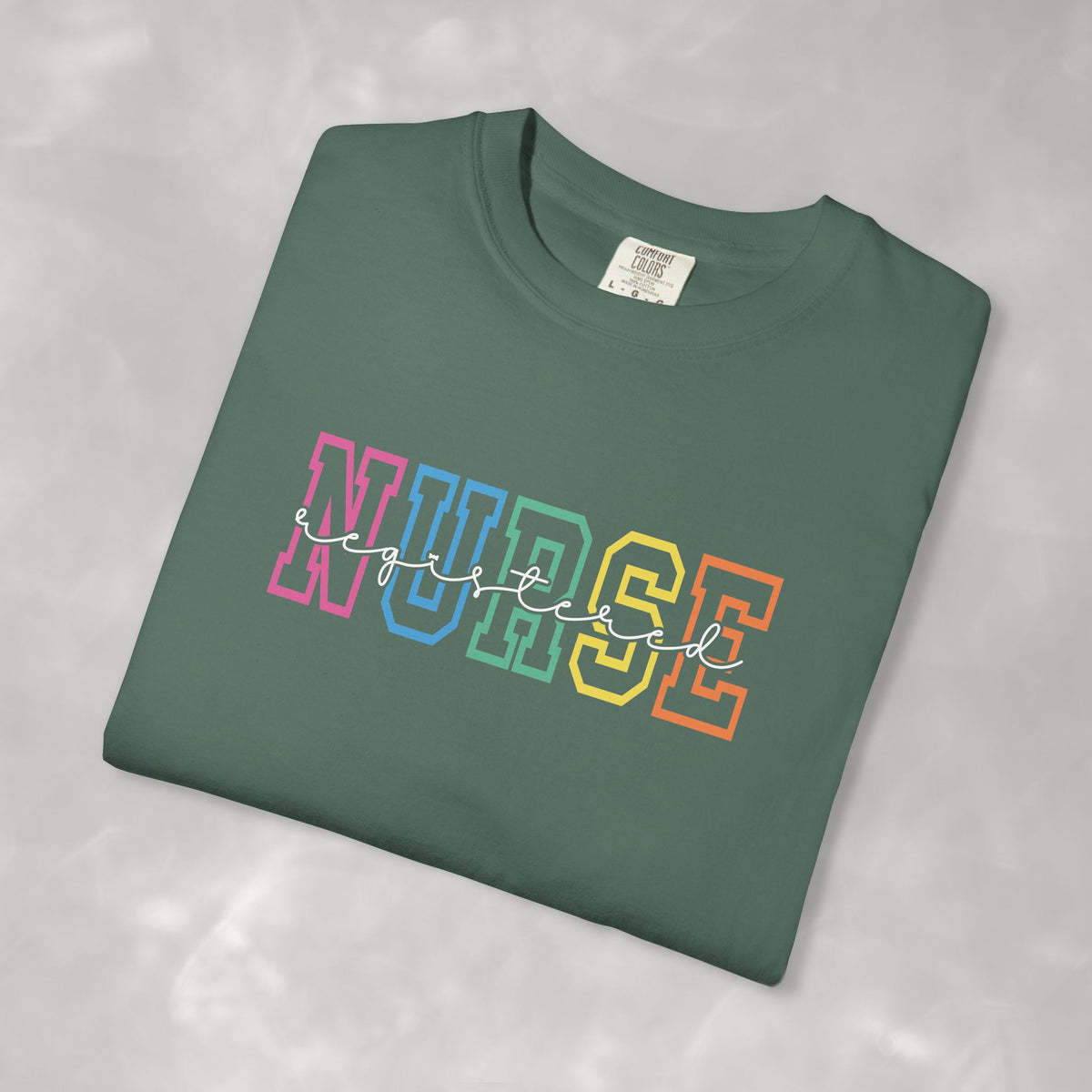 Colorful Rainbow Whimsical Varsity Registered Nurse Comfort Colors Unisex Garment-Dyed T-shirt