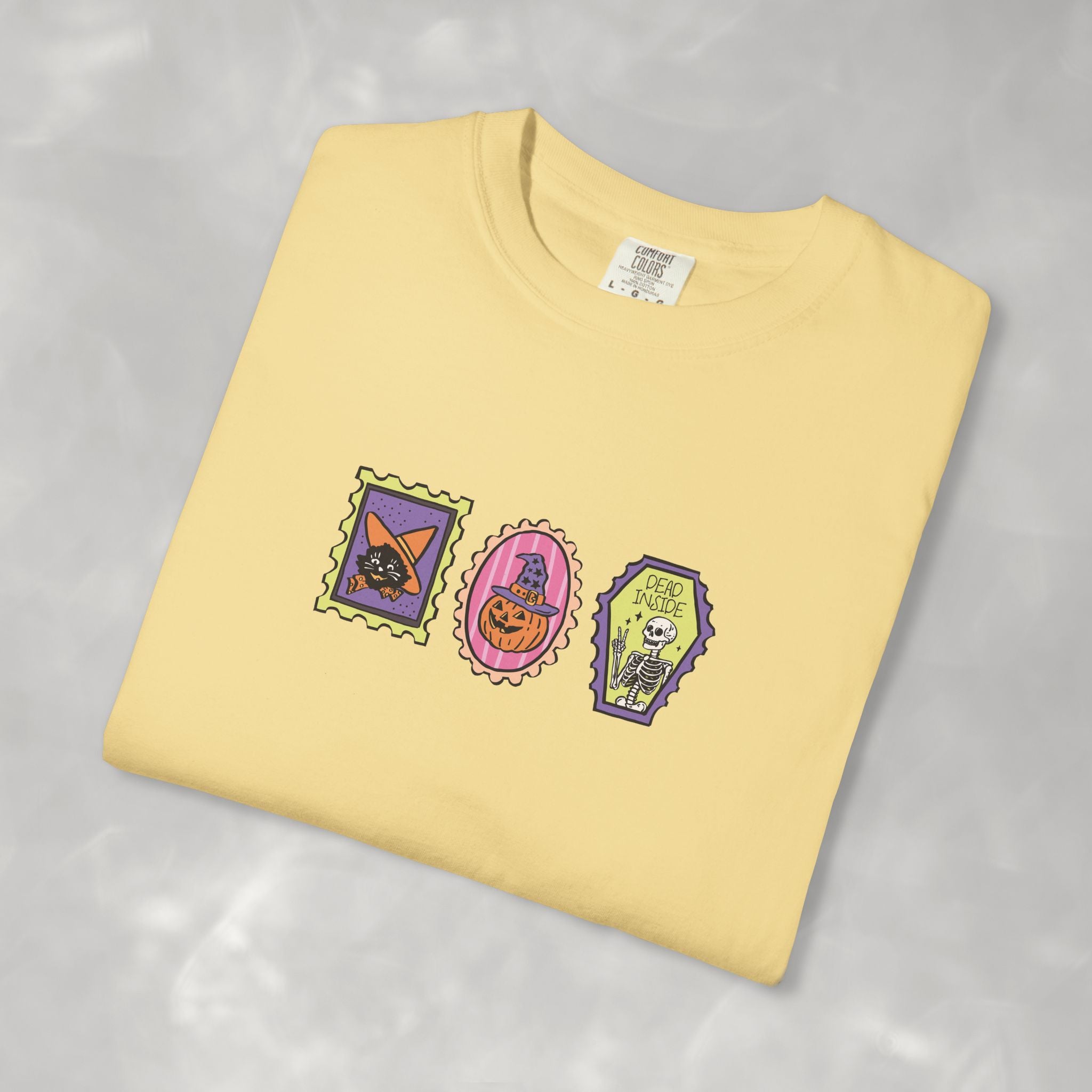 Cute Halloween Spooky Stamps with Cat, Jack-O-Lanter, Skeleton, Comfort Colors Tee
