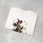 Vintage Witch Riding on Broomstick with Black Cat, Retro Halloween, Gildan Unisex Heavy Blend™ Crewneck Sweatshirt