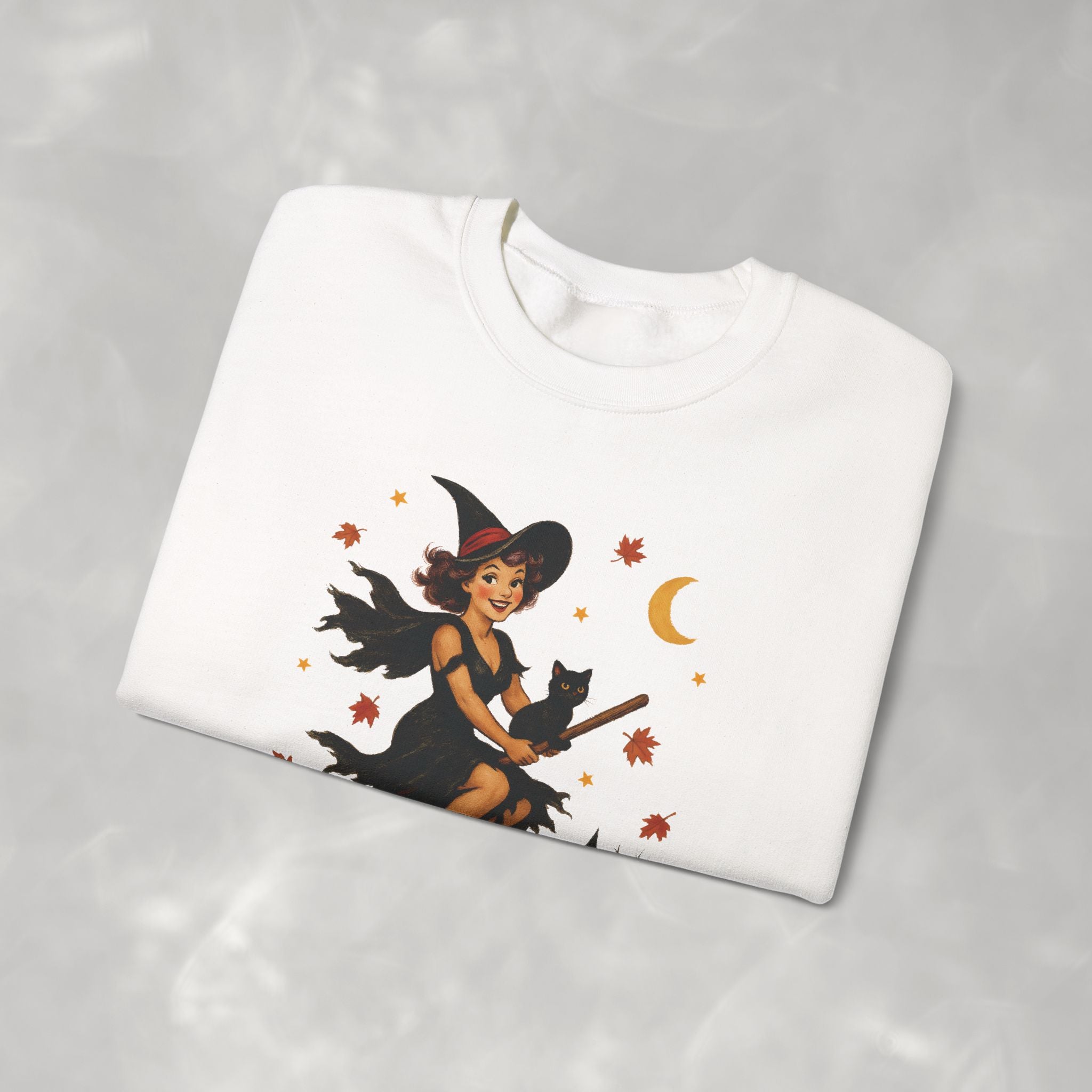 Vintage Witch Riding on Broomstick with Black Cat, Retro Halloween, Gildan Unisex Heavy Blend™ Crewneck Sweatshirt