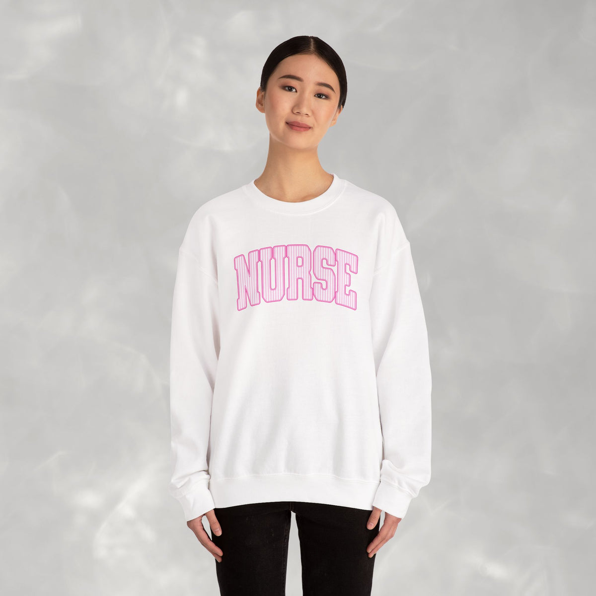 Pink Striped Varsity Nurse Gildan Unisex Heavy Blend™ Crewneck Sweatshirt for RN, LPN, GN, Student Nurse