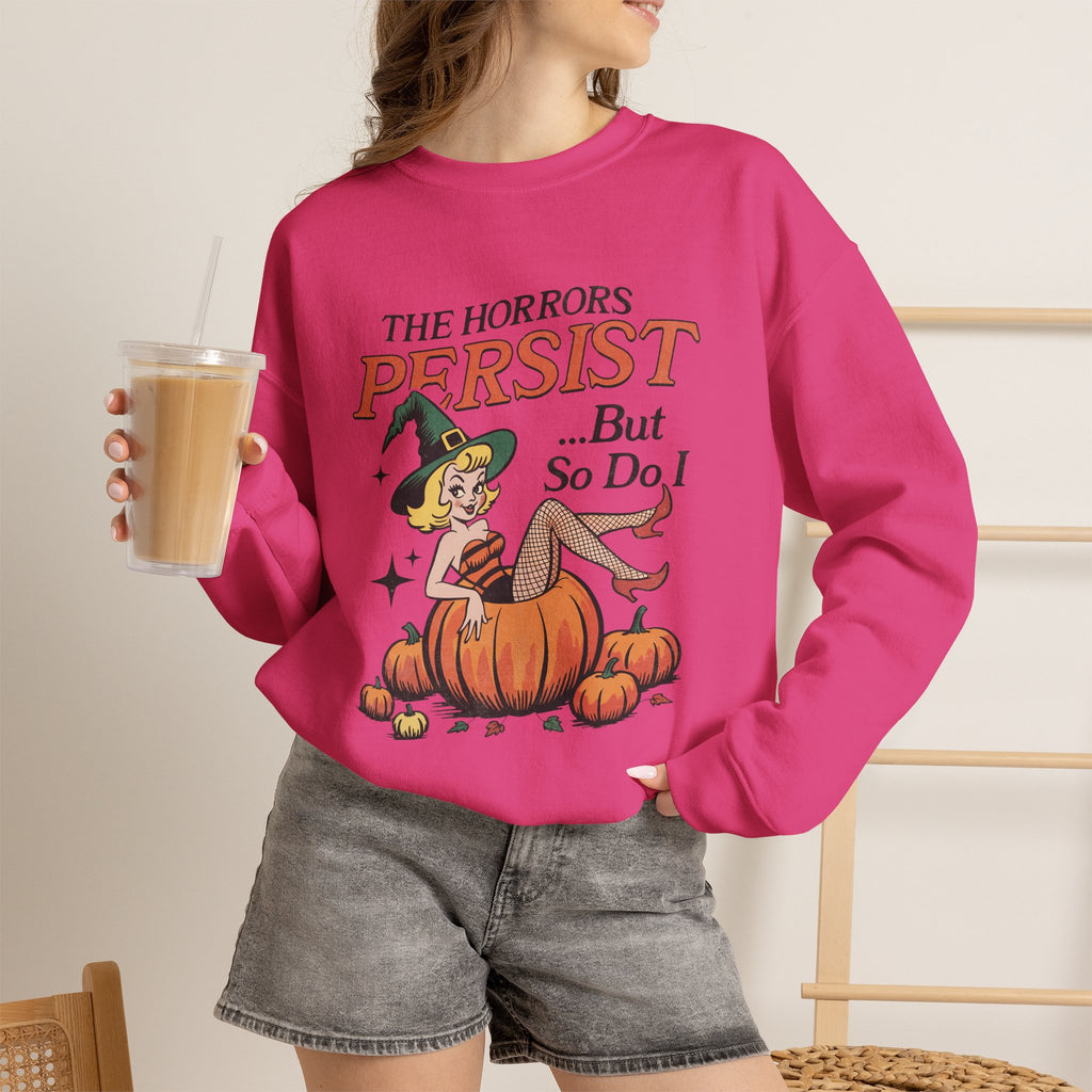 The Horrors Persist but So Do I, Funny Vintage Retro Halloween, Gildan Unisex Heavy Blend™ Crewneck Sweatshirt