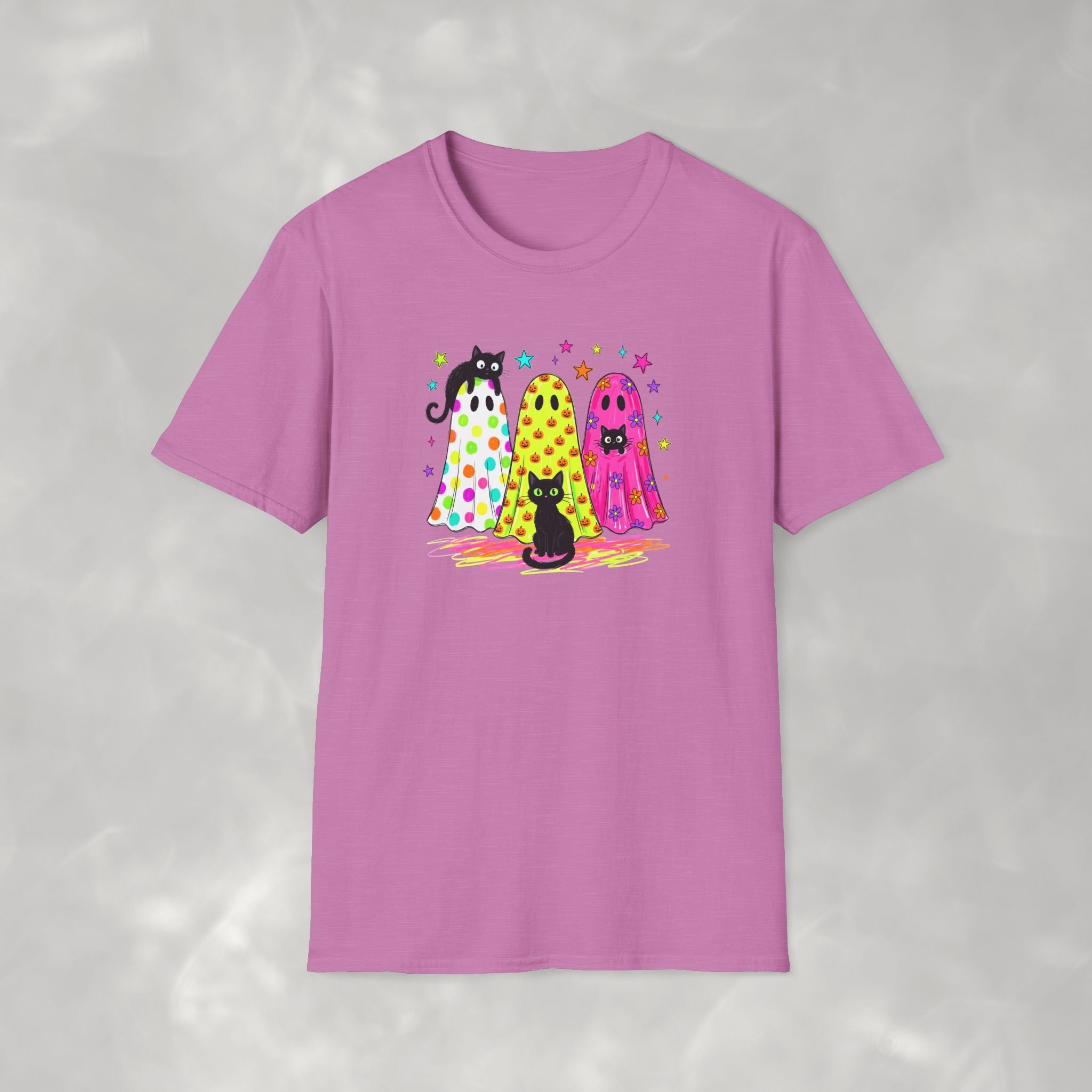 Preppy, Girly, Cute Halloween Ghosts with Cats, Gildan Unisex Softstyle T-Shirt