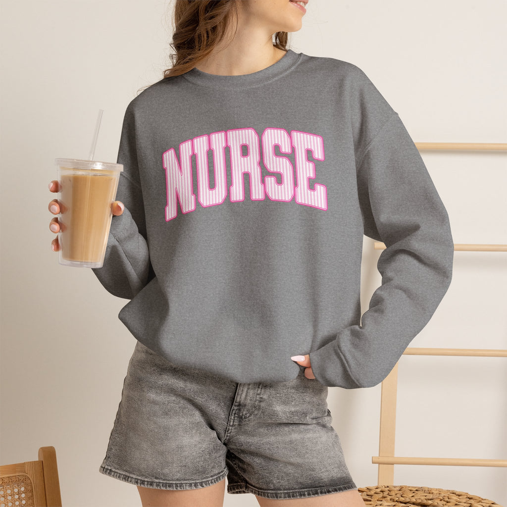 Pink Striped Varsity Nurse Gildan Unisex Heavy Blend™ Crewneck Sweatshirt for RN, LPN, GN, Student Nurse