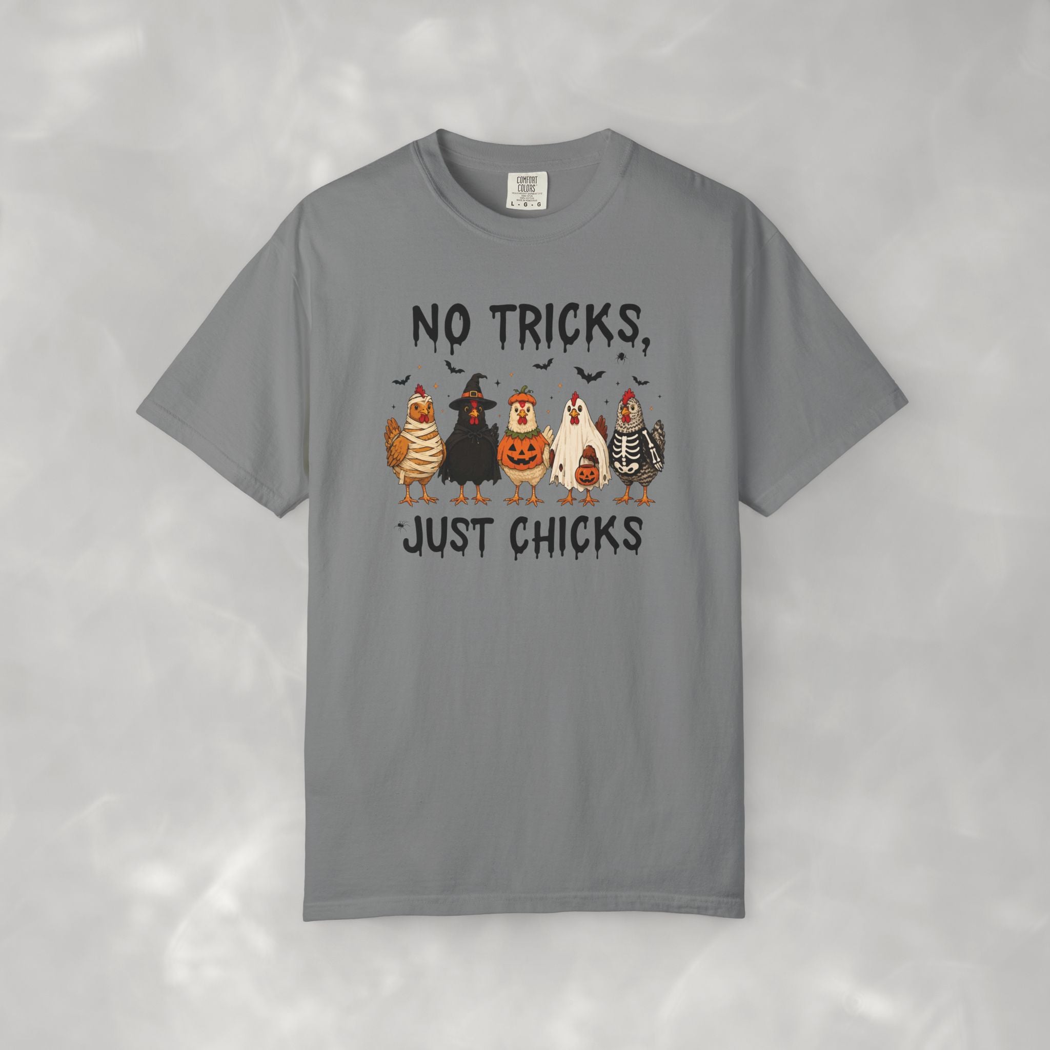 No Tricks Just Chicks, Funny Halloween Chickens in Costumes, Comfort Colors Tee