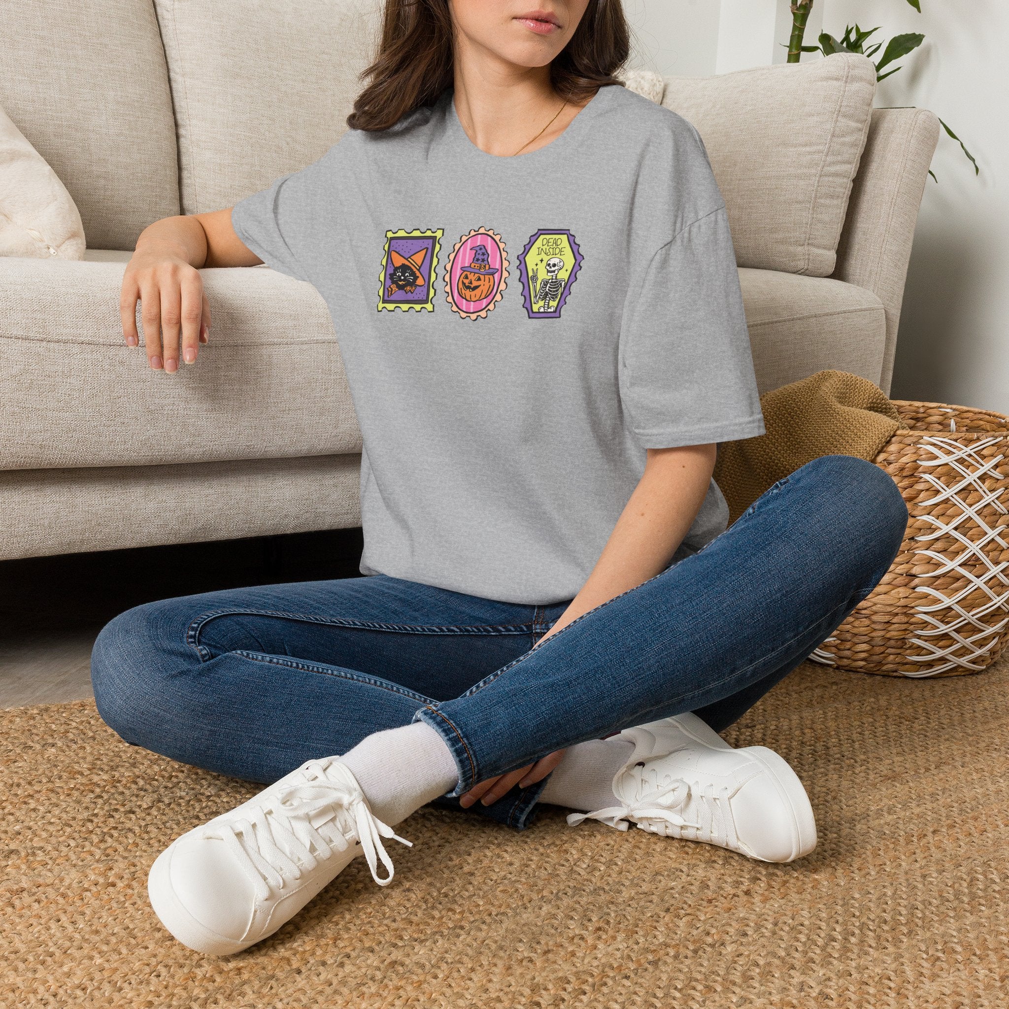 Cute Halloween Spooky Stamps with Cat, Jack-O-Lanter, Skeleton, Gildan Unisex Softstyle T-Shirt