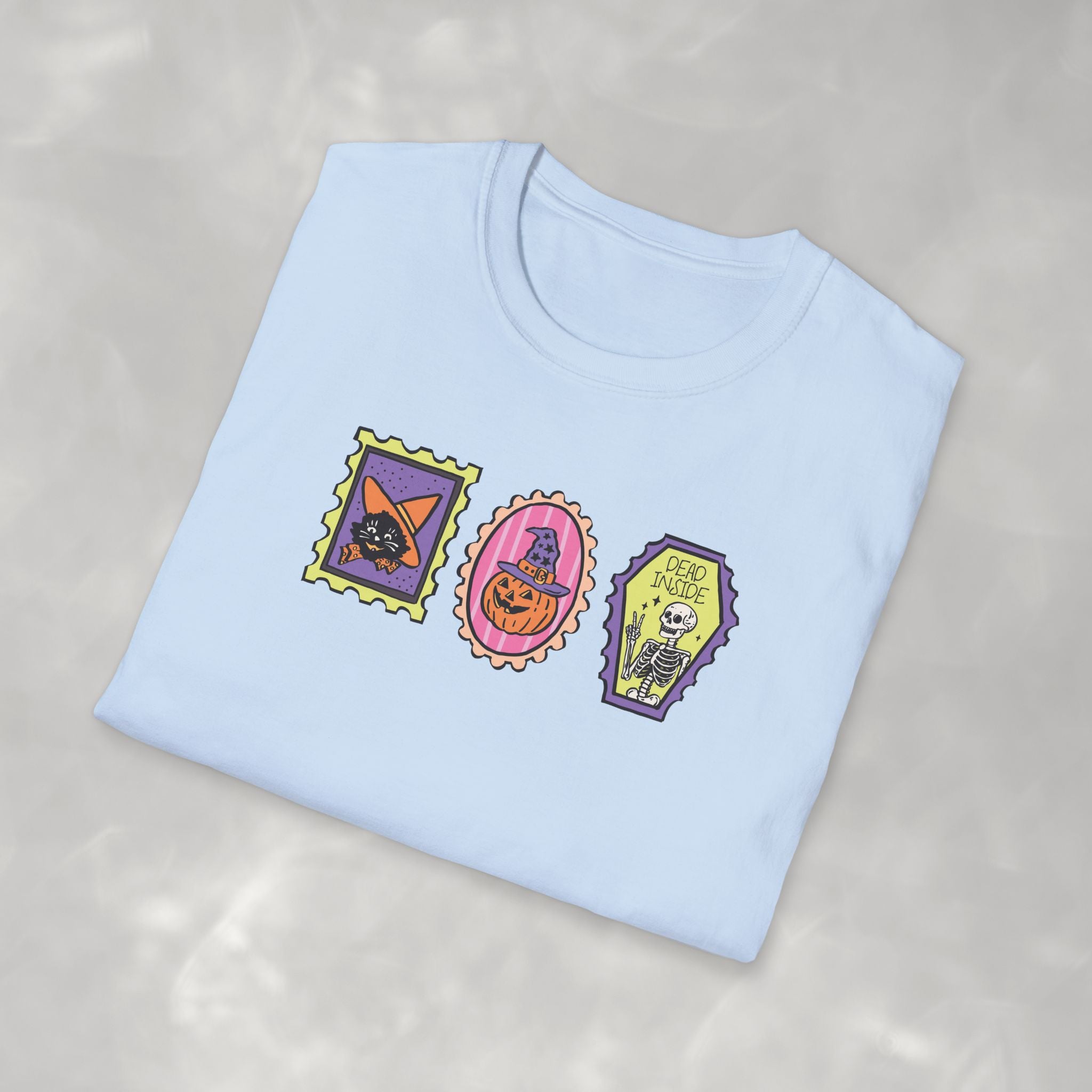 Cute Halloween Spooky Stamps with Cat, Jack-O-Lanter, Skeleton, Gildan Unisex Softstyle T-Shirt