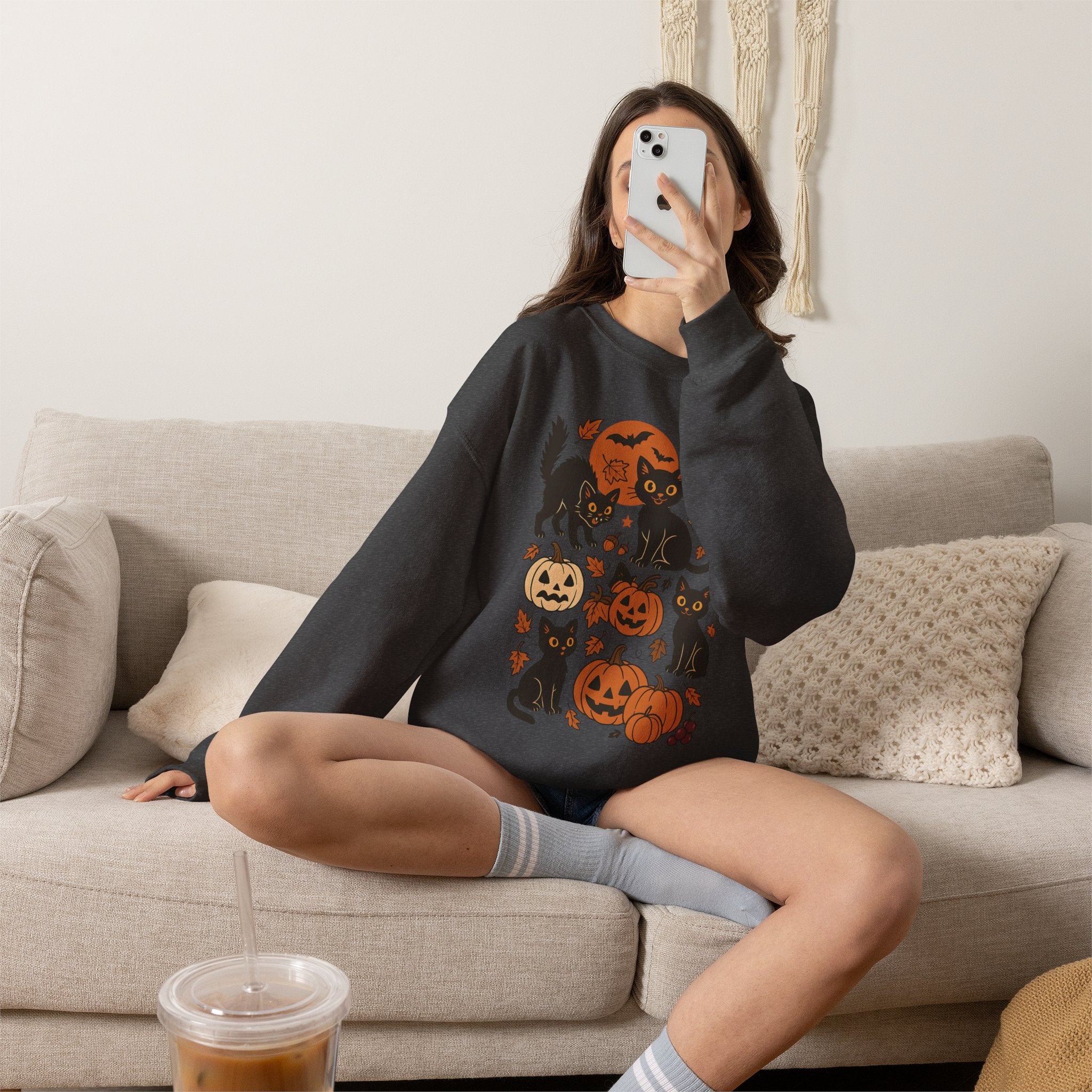 Spooky Black Cats and Jack-O-Lanterns, Gildan Unisex Heavy Blend™ Crewneck Sweatshirt