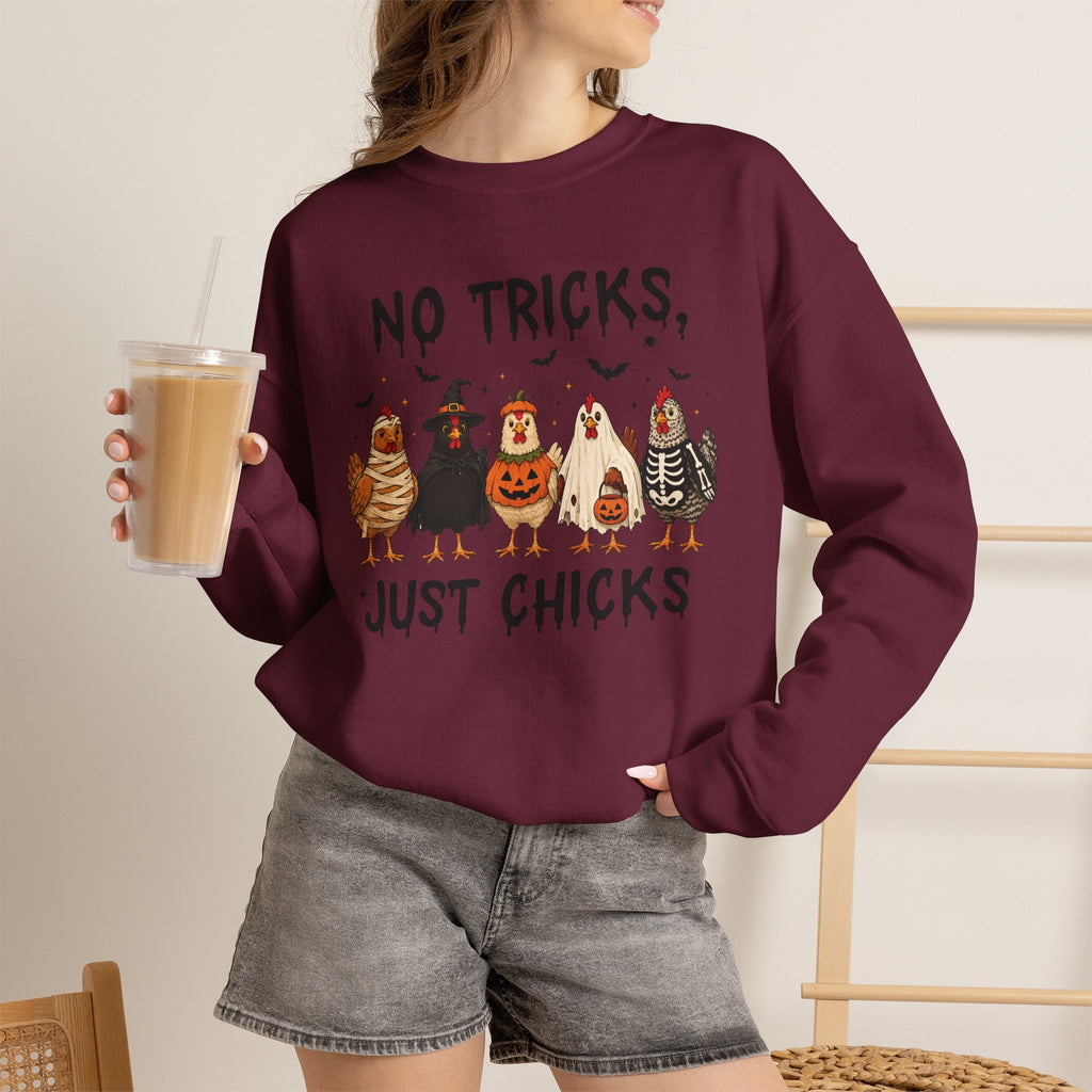No Tricks Just Chicks, Funny Halloween Chickens in Costumes, Gildan Unisex Heavy Blend™ Crewneck Sweatshirt