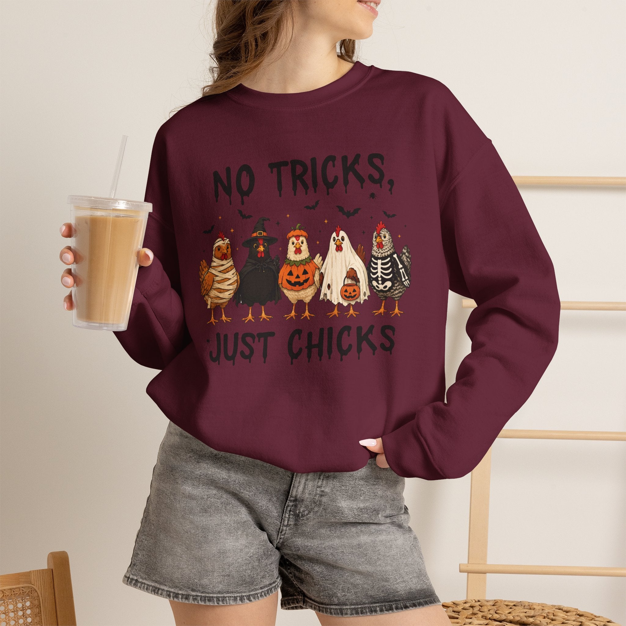 No Tricks Just Chicks, Funny Halloween Chickens in Costumes, Gildan Unisex Heavy Blend™ Crewneck Sweatshirt