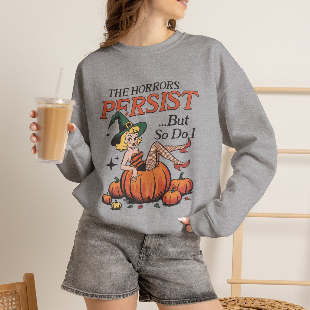 The Horrors Persist but So Do I, Funny Vintage Retro Halloween, Gildan Unisex Heavy Blend™ Crewneck Sweatshirt
