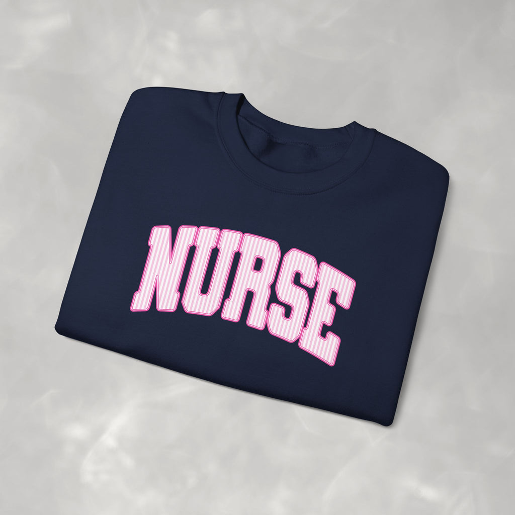 Pink Striped Varsity Nurse Gildan Unisex Heavy Blend™ Crewneck Sweatshirt for RN, LPN, GN, Student Nurse