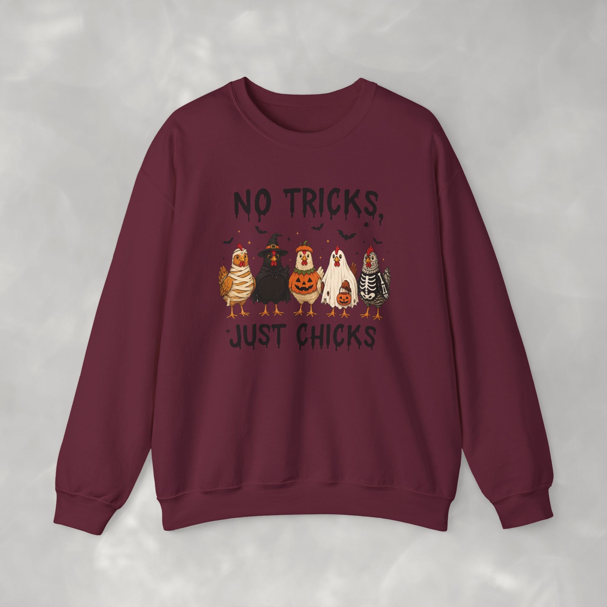No Tricks Just Chicks, Funny Halloween Chickens in Costumes, Gildan Unisex Heavy Blend™ Crewneck Sweatshirt
