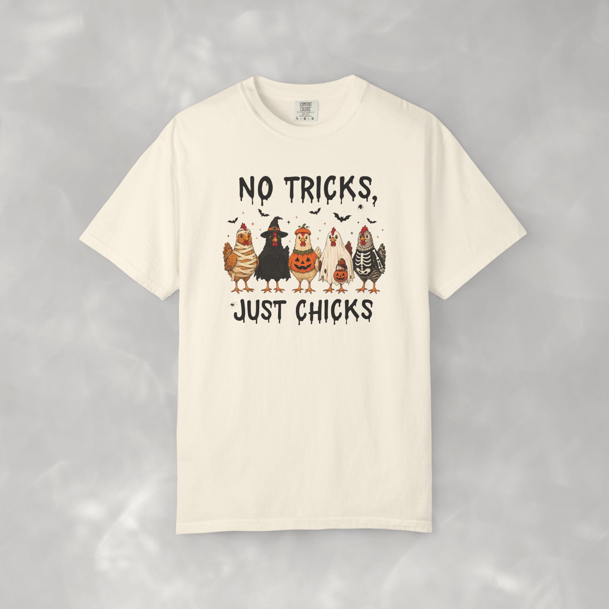 No Tricks Just Chicks, Funny Halloween Chickens in Costumes, Comfort Colors Tee