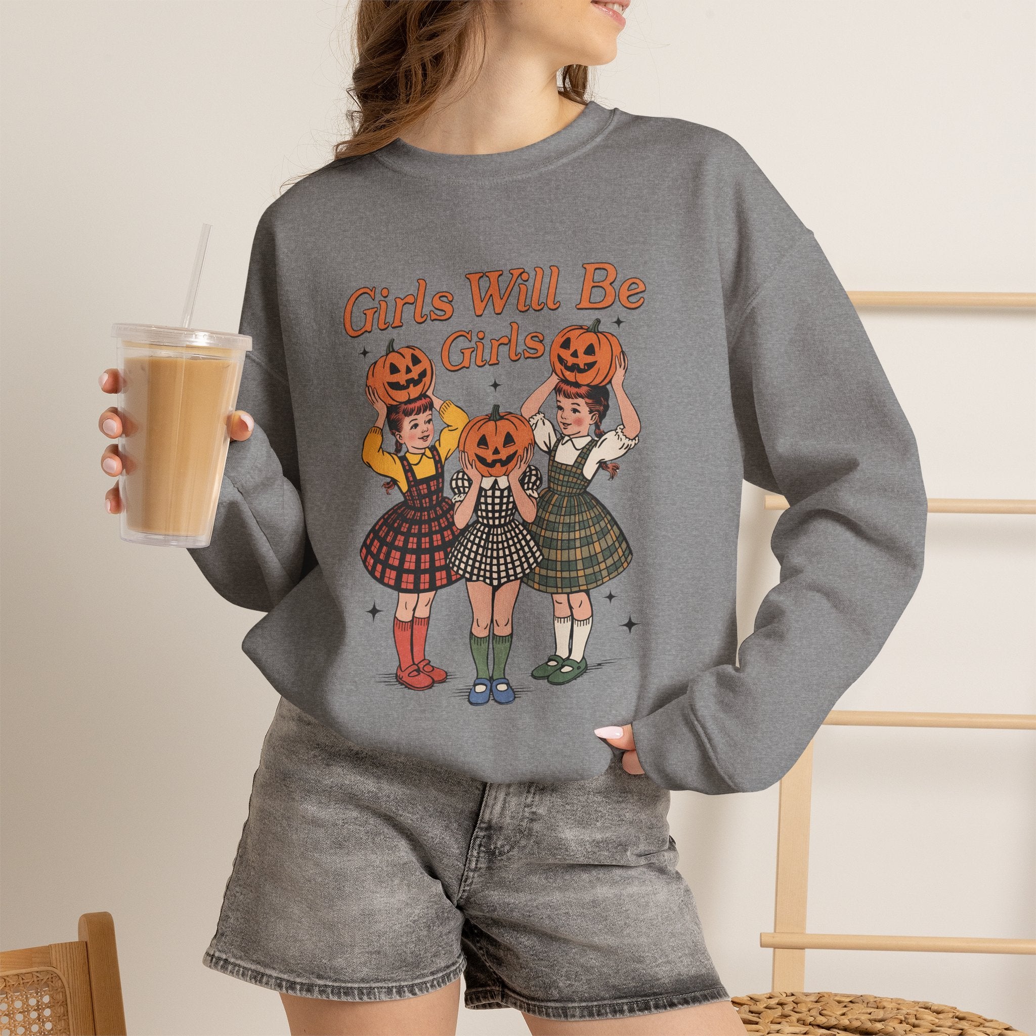 Girls Will Be Girls, Funny Retro Vintage Halloween, Unisex Heavy Blend™ Crewneck Sweatshirt