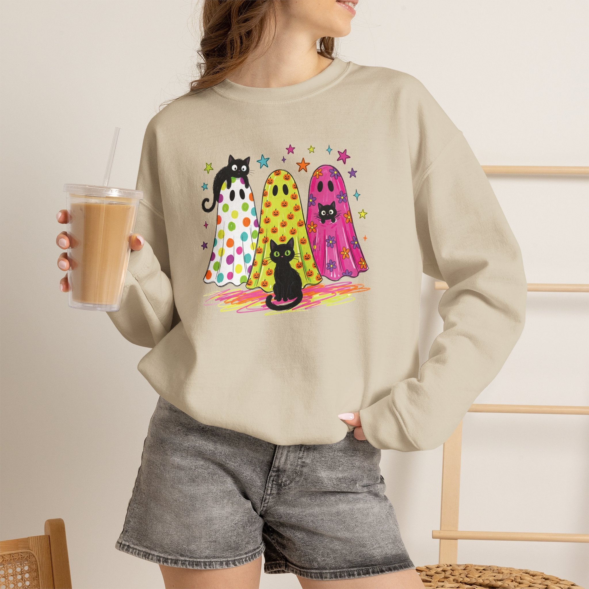 Preppy, Girly, Cute Halloween Ghosts with Cats, Gildan Unisex Heavy Blend™ Crewneck Sweatshirt