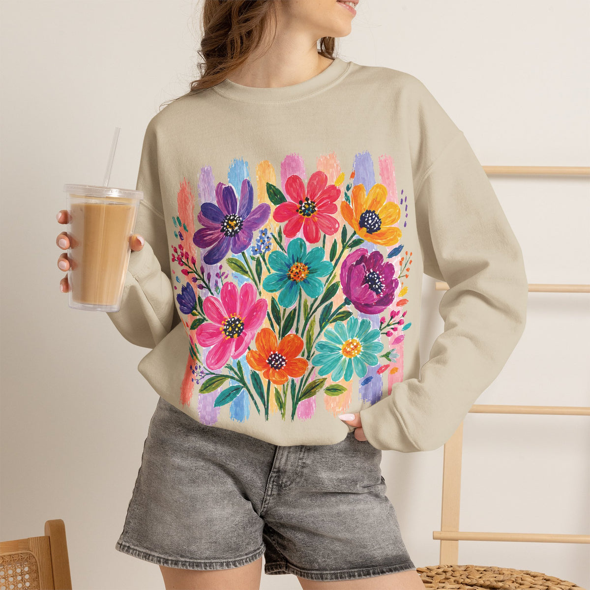 Boho Floral Striped Gildan Unisex Heavy Blend™ Crewneck Sweatshirt