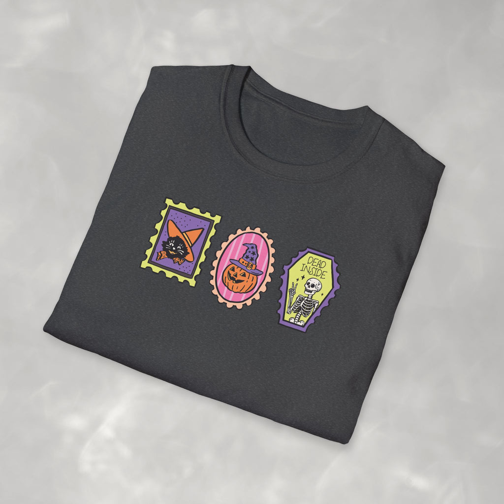 Cute Halloween Spooky Stamps with Cat, Jack-O-Lanter, Skeleton, Gildan Unisex Softstyle T-Shirt