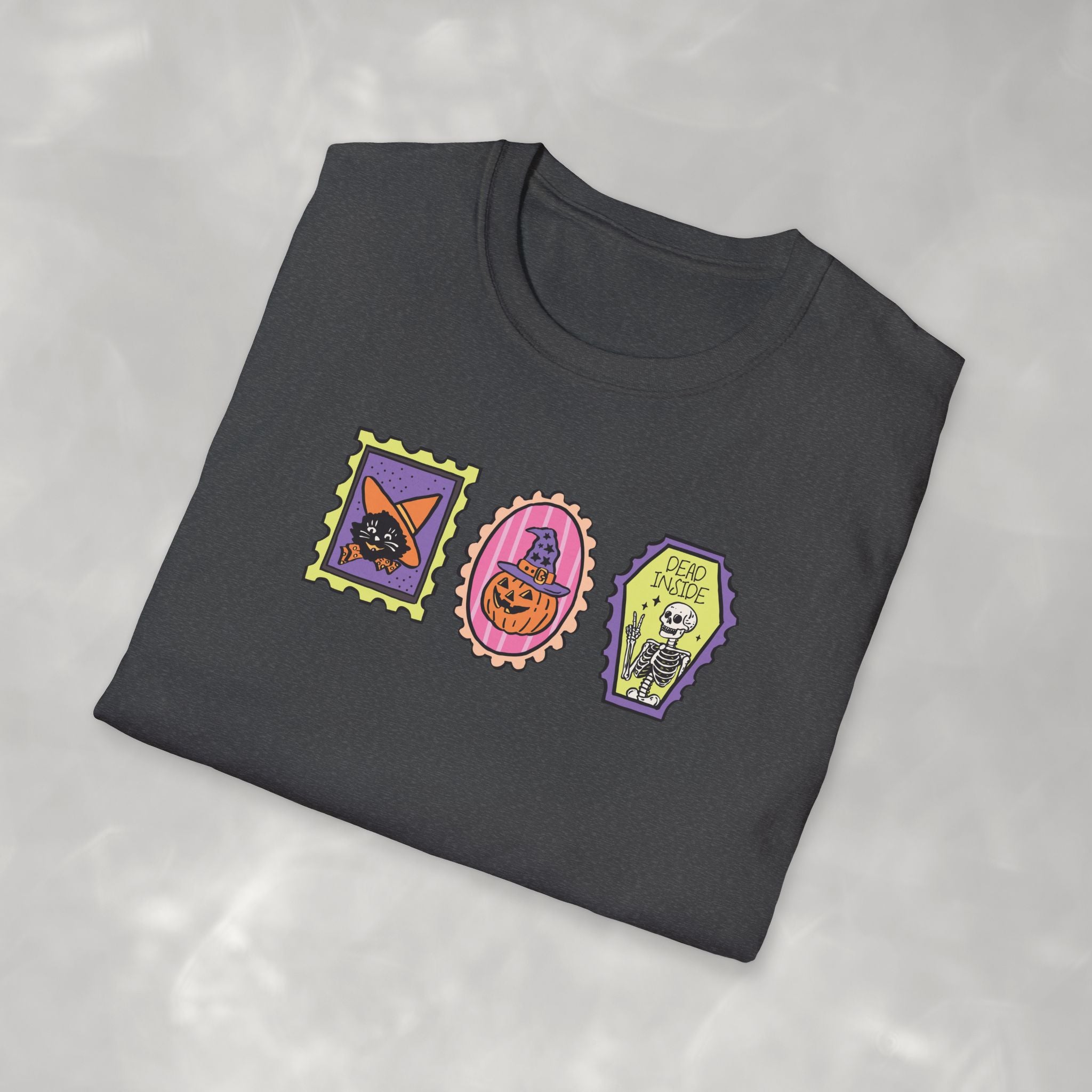 Cute Halloween Spooky Stamps with Cat, Jack-O-Lanter, Skeleton, Gildan Unisex Softstyle T-Shirt