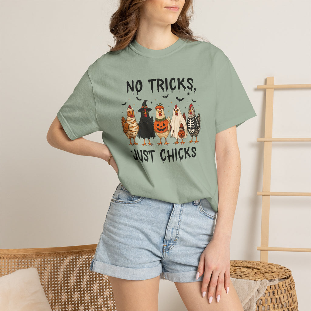 No Tricks Just Chicks, Funny Halloween Chickens in Costumes, Comfort Colors Tee