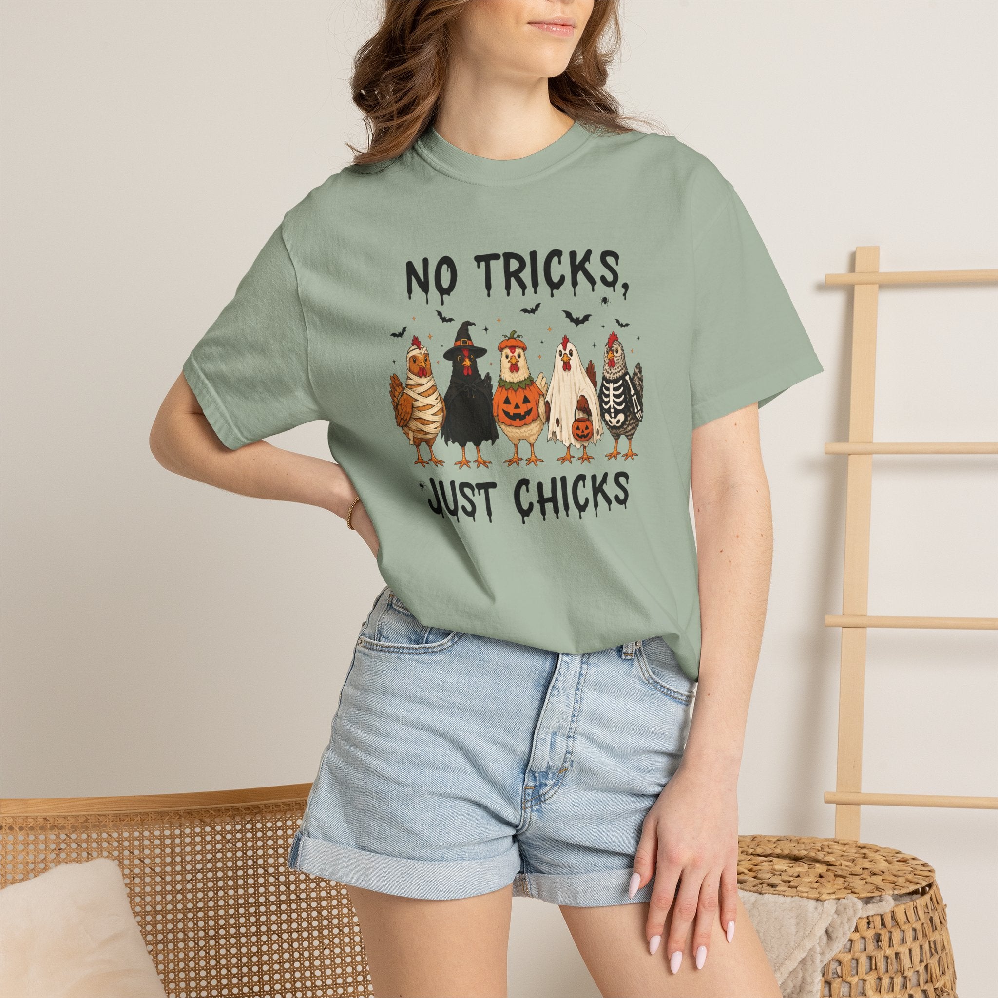 No Tricks Just Chicks, Funny Halloween Chickens in Costumes, Comfort Colors Tee