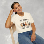 No Tricks Just Chicks, Funny Halloween Chickens in Costumes, Gildan Unisex Softstyle T-Shirt