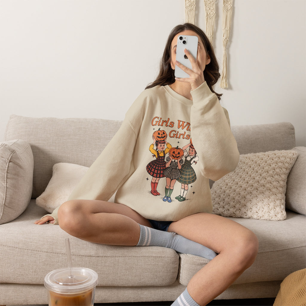 Girls Will Be Girls, Funny Retro Vintage Halloween, Unisex Heavy Blend™ Crewneck Sweatshirt
