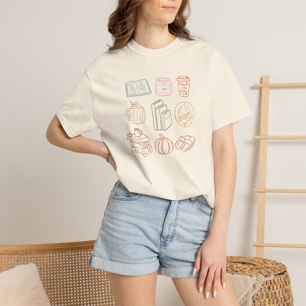 Autum Vibes, Cozy Reading, Pumpkin Spice, Hand-Drawn Doodles Comfort Colors Tee
