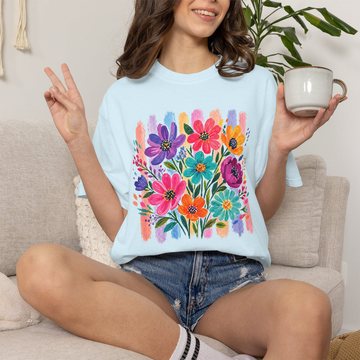 Boho Floral Stripes Comfort Colors Tee