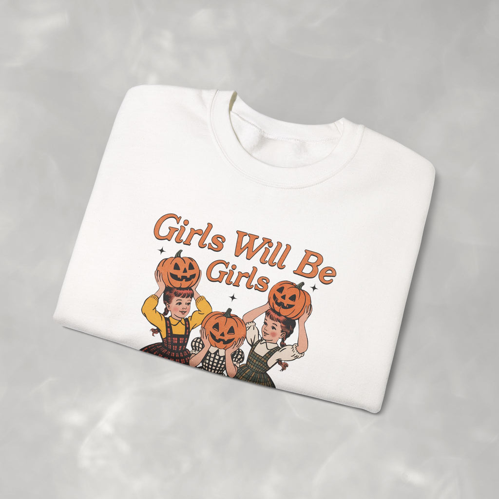 Girls Will Be Girls, Funny Retro Vintage Halloween, Unisex Heavy Blend™ Crewneck Sweatshirt