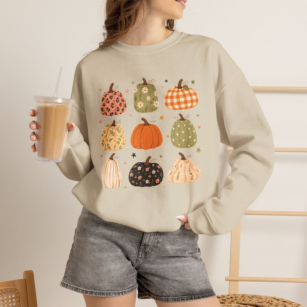Whimsical Autumn Pumpkins Gildan Unisex Heavy Blend™ Crewneck Sweatshirt for Fall, Thanksgiving