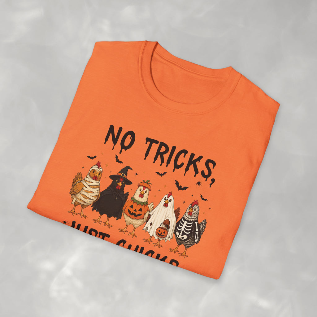 No Tricks Just Chicks, Funny Halloween Chickens in Costumes, Gildan Unisex Softstyle T-Shirt
